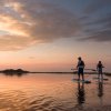 Two people standup paddle boarding in Hammocks Beach State Park under orange and pink sky