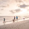 Family of four with a dog strolling along the ocean shoreline during daytime