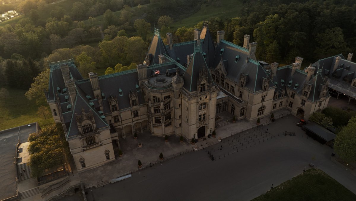 Aerial of Biltmore and walking area in front of estate