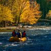 Three friends whitewater rafting at Nantahala Outdoor Center during fall