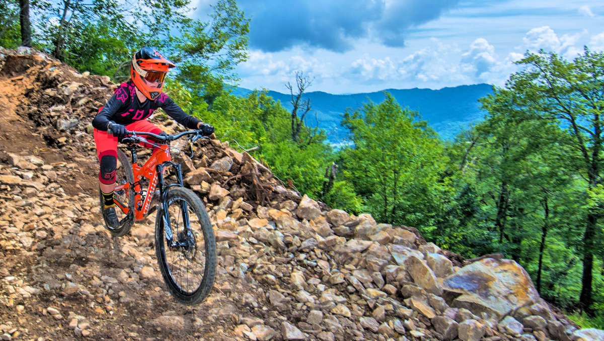 Person riding mountain bike down mountain, trees and mountains in background