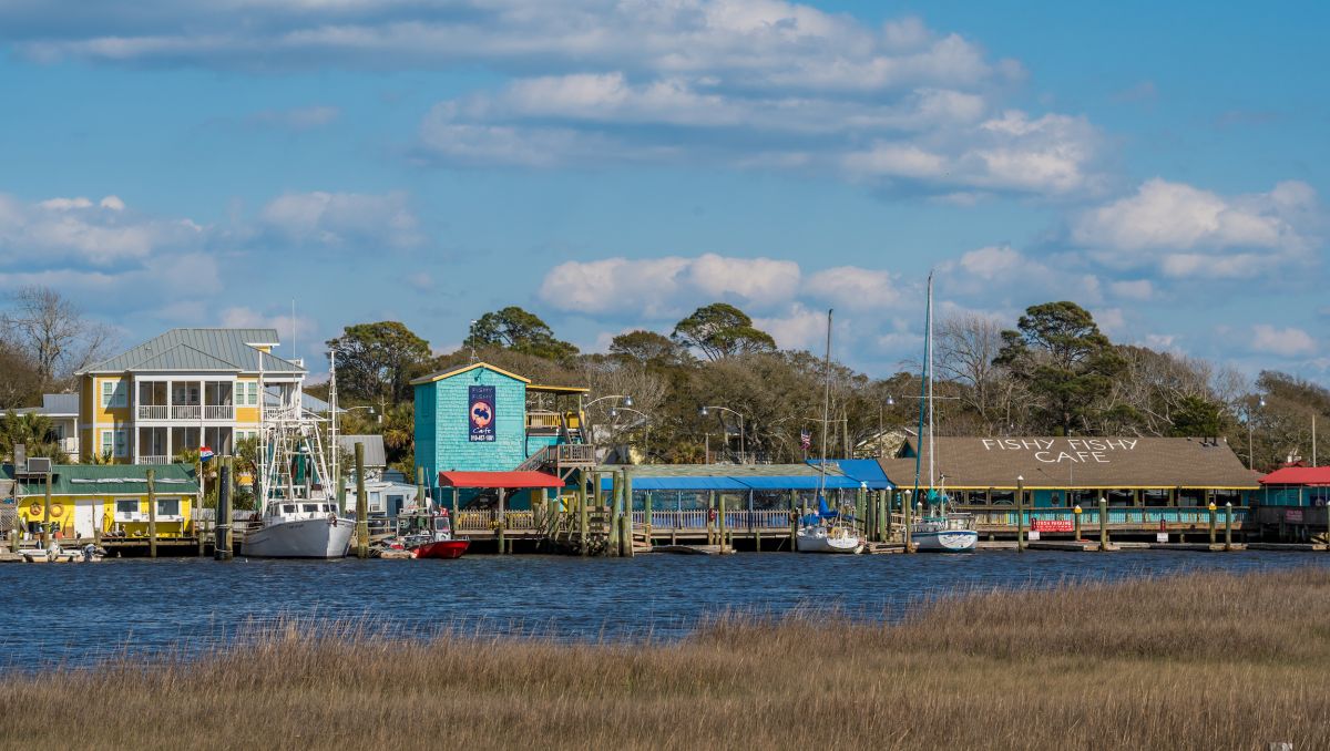Colorful buildings across Intracoastal Waterway in Southport