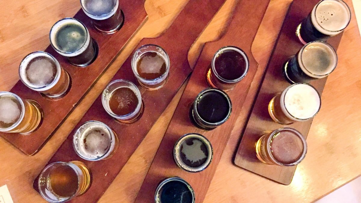 Four flights of beer on a table at Boojum Brewing in Waynesville