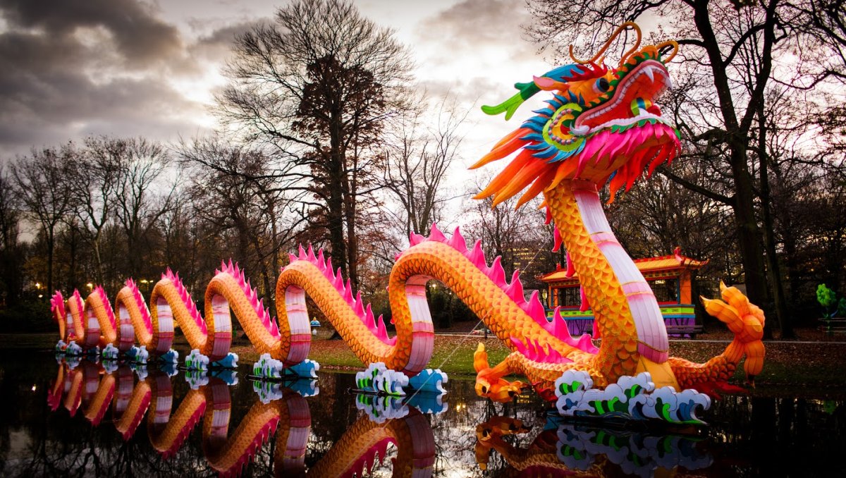 Large, colorful dragon on display at Chinese Lantern Festival outdoors