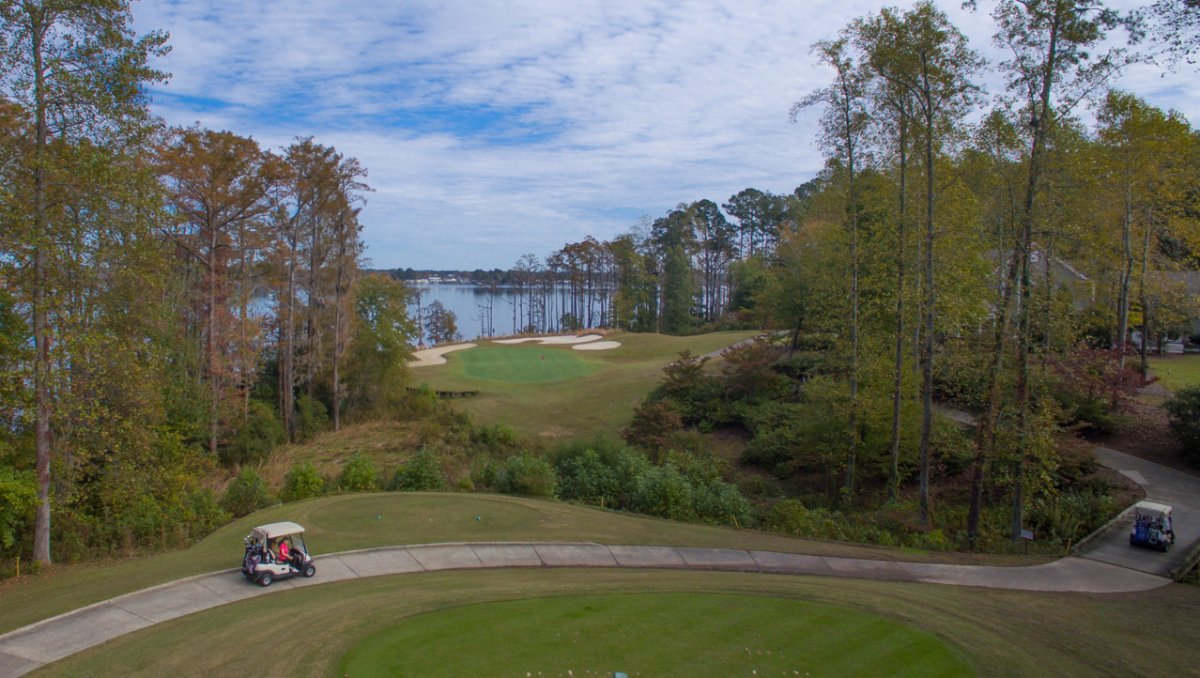 Overhead of golf carts on path, meandering through course and trees