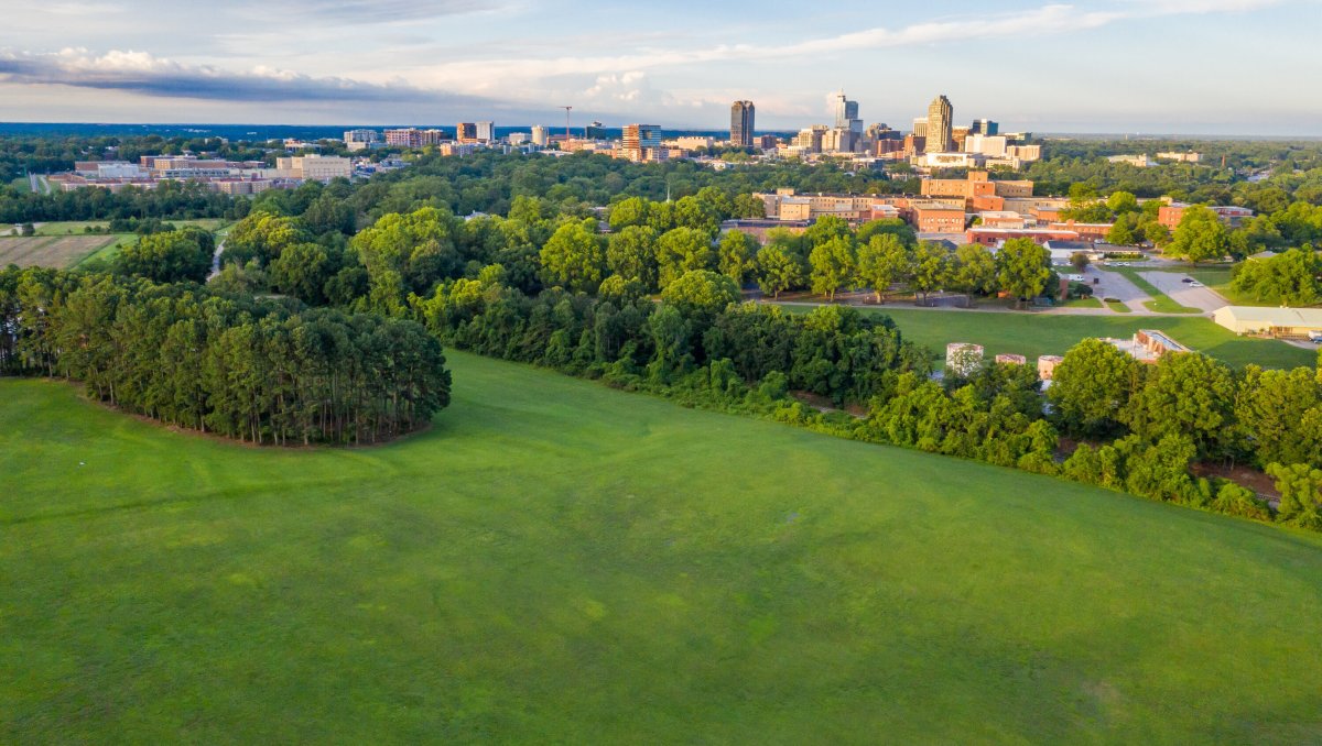 Aerial view of Dorothea Dix Park with Raleigh skyline in distance during daytime