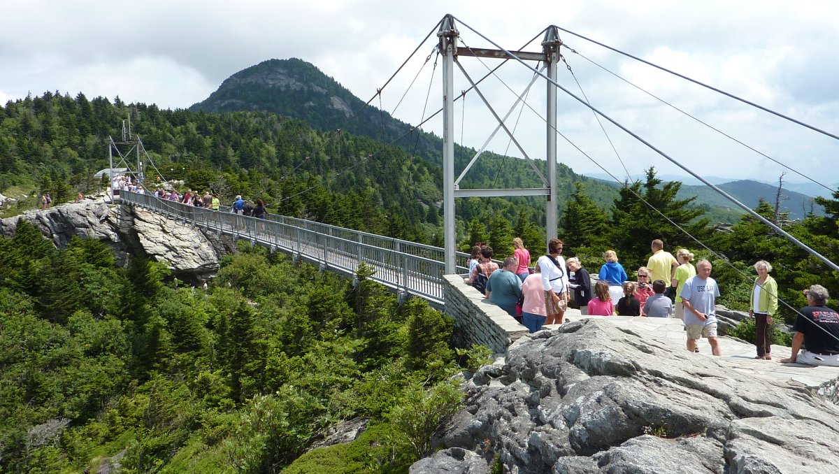 People standing at entrance to swinging bridge with dramatic mountain views