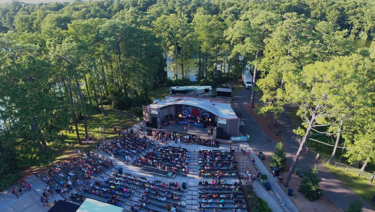 Aerial view of outdoor amphitheater nestled among trees during daytime