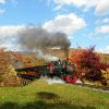 Tweetsie Railroad Engine No. 12 riding through fall foliage on bright day 