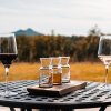 Wine flight and two glasses sitting on outside table overlooking vineyards and mountain in fall.
