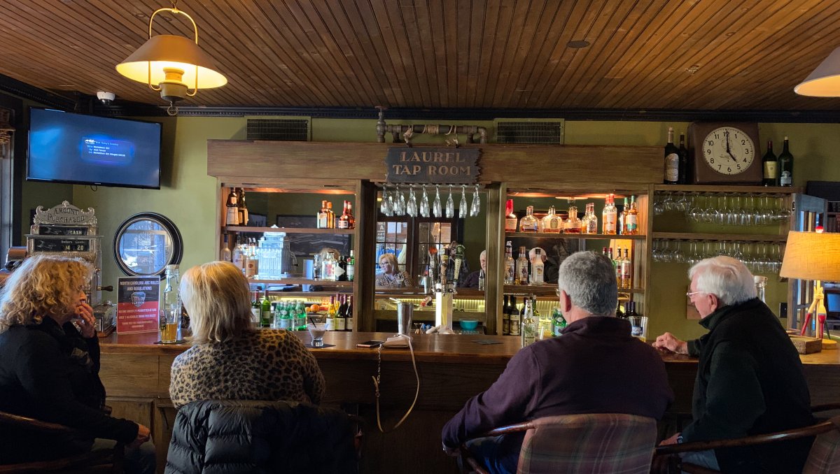 Backs of four friends sitting at bar at Laurel Lounge at Historic Tapoco Lodge.