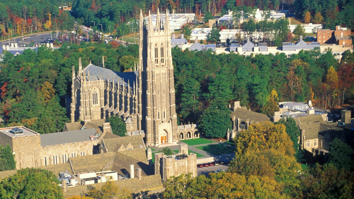 Aerial view of Duke Chapel on Duke University's campus during daytime