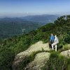 Couple and dog hiking on Emerald Outback with long-range mountains view in distance.