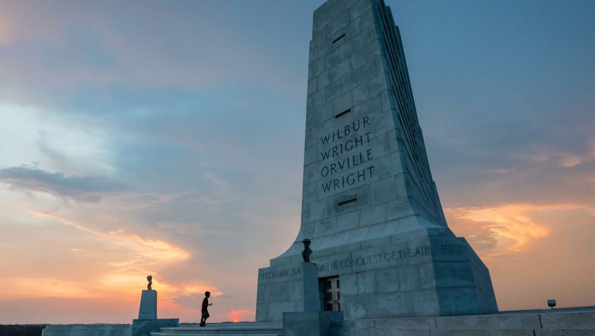 Monument at Wright Brothers National Memorial in Kill Devil Hills at dusk