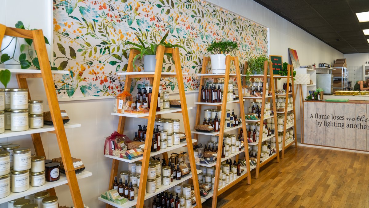 Displays of soaps, candles and other goods at Sparta Candle Co.