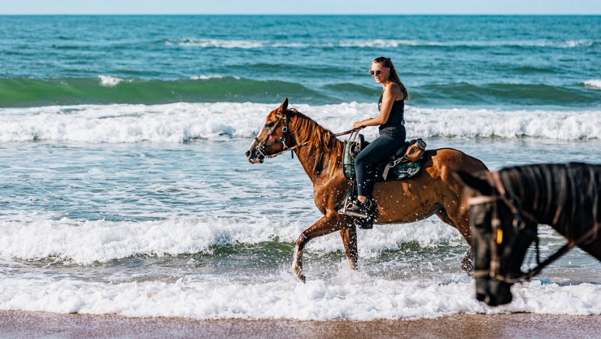 Woman riding horse in ocean waves during daytime.