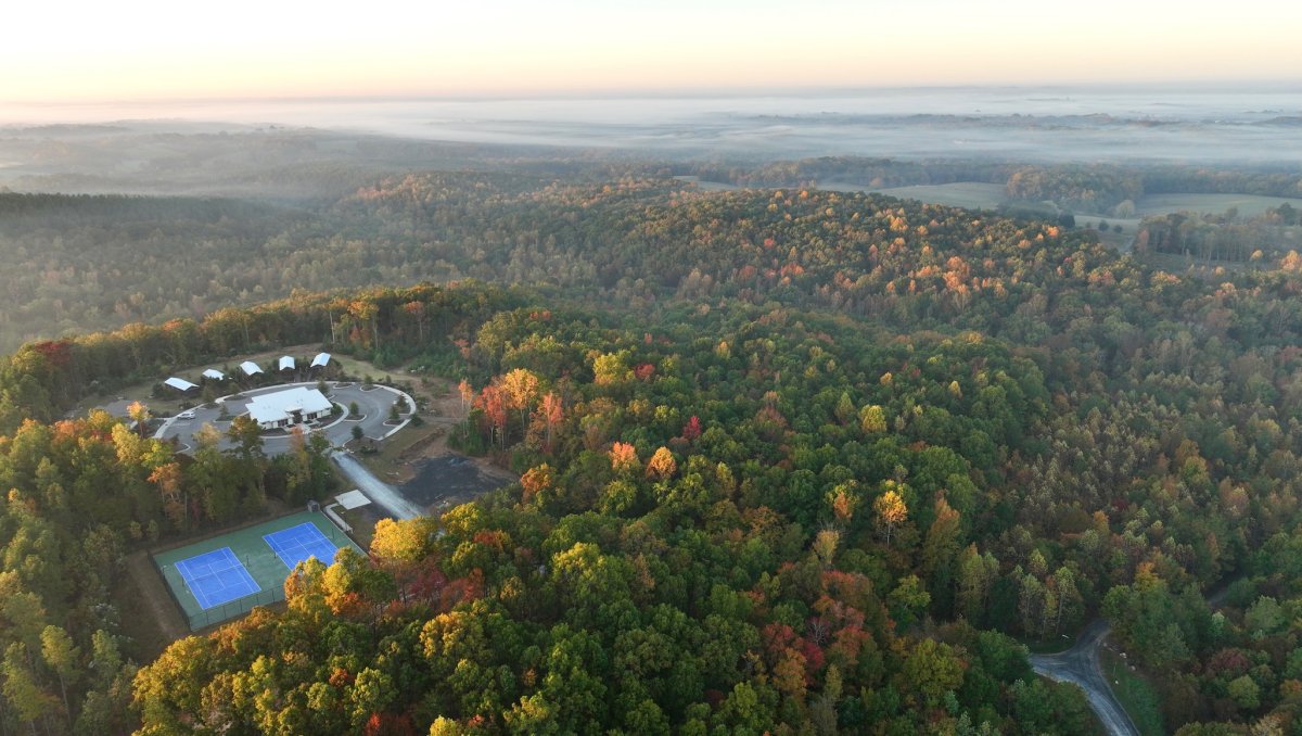 Aerial of farm stay with cabins surrounded by forest and rolling hills.