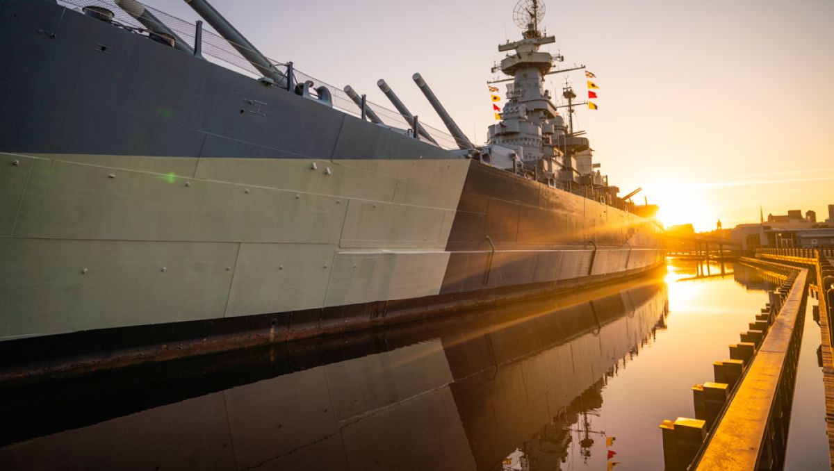 Battleship North Carolina at sunset