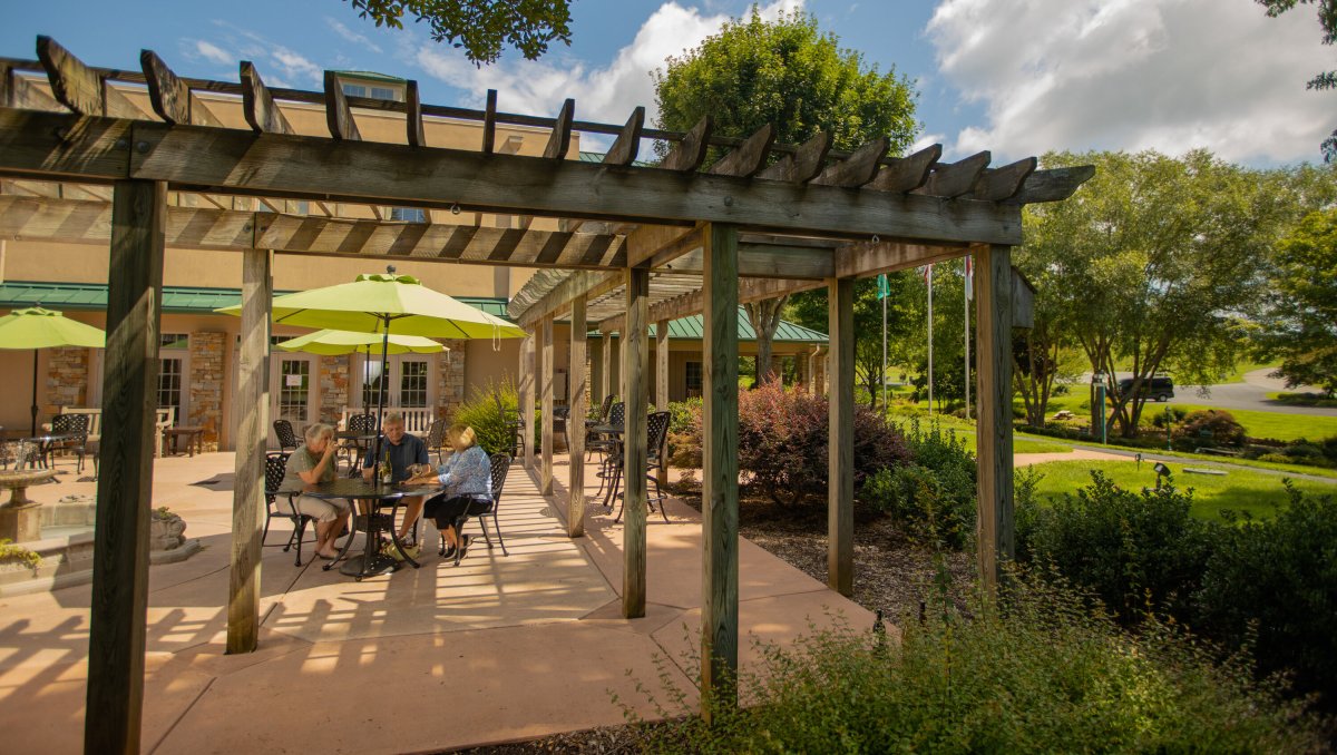 Friends enjoying wine on pergola-covered patio at Shelton Vineyards during daytime