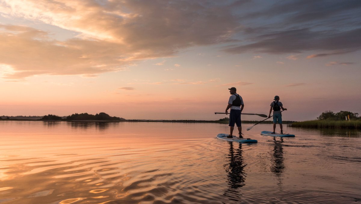 Two people standup paddle boarding in Hammocks Beach State Park under orange and pink sky