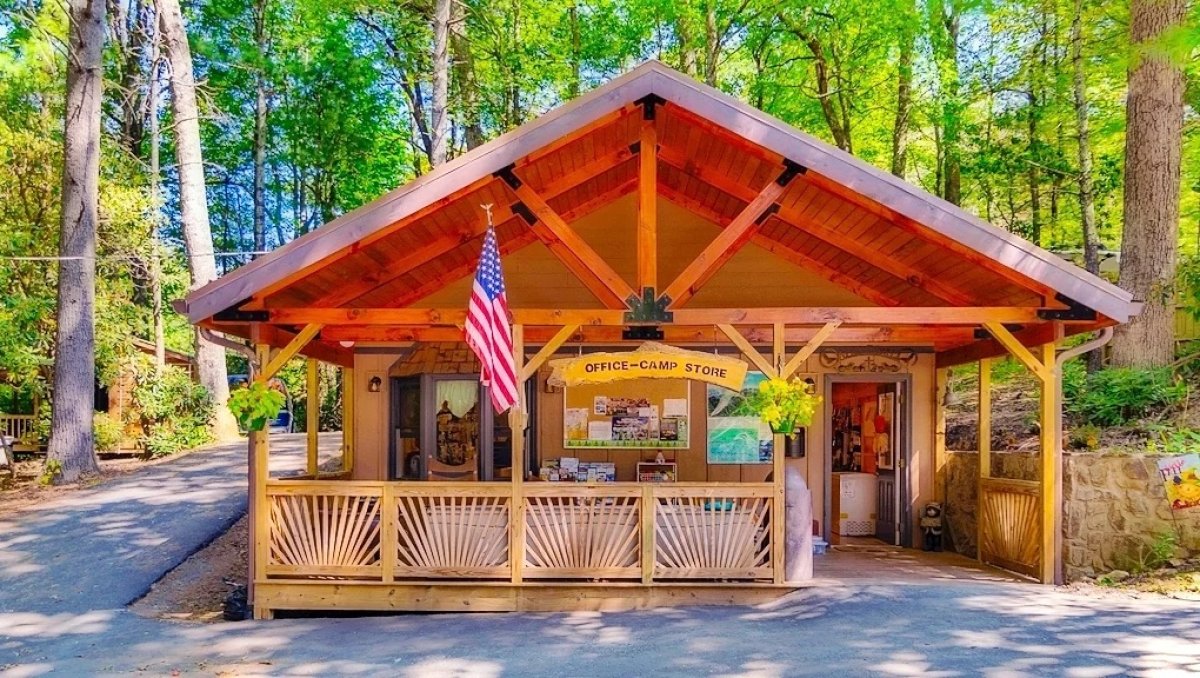 Exterior of wooden office and camp store at Linville Falls Campground.