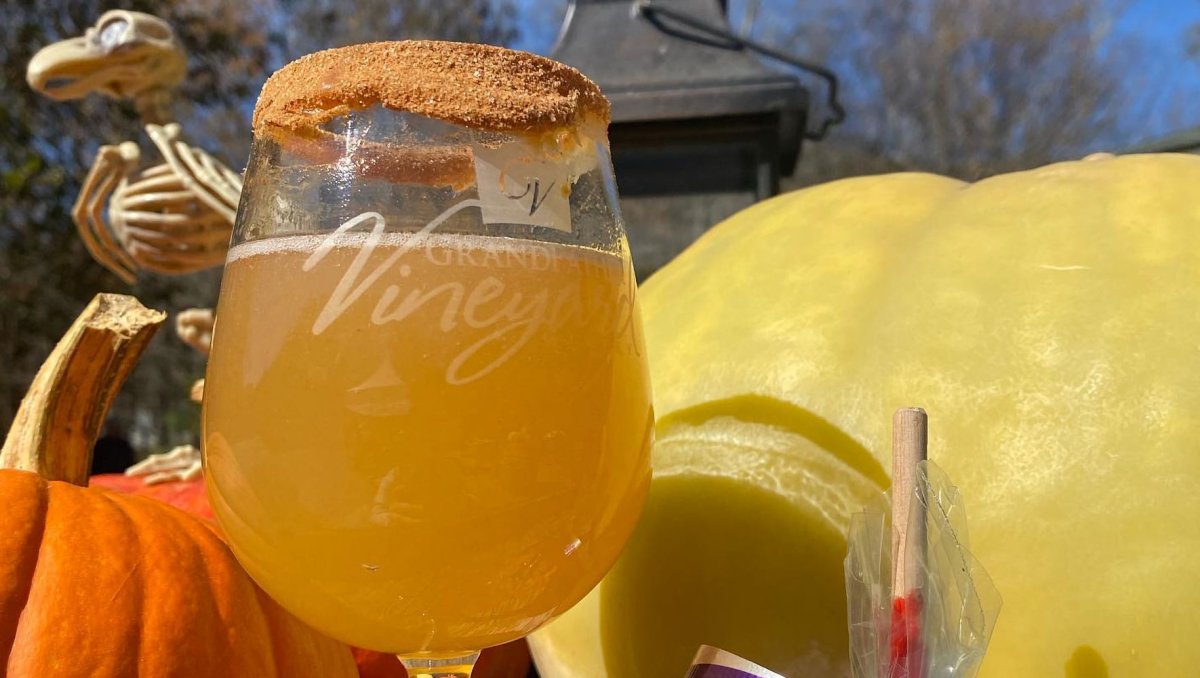 Glass of orange wine with cinnamon sugar rim sitting on table by pumpkins