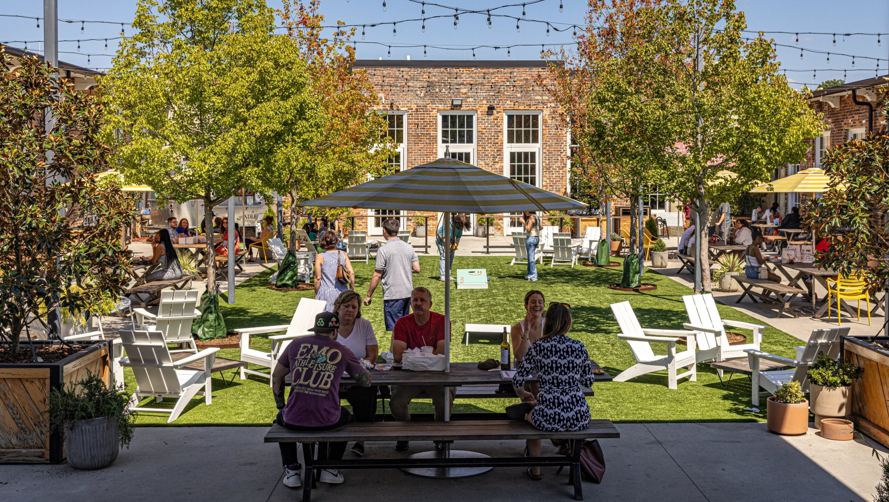 People sitting at tables and chairs outdoors in courtyard during daytime with trees and string lights