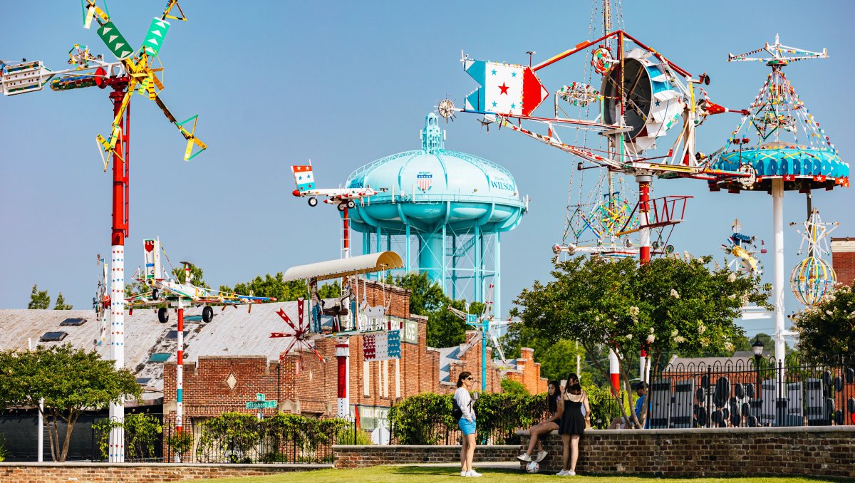 Friends standing in front of whirligig park and water tower in background