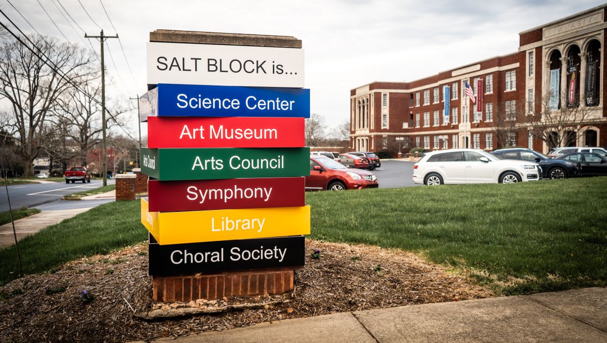 SALT Block sign outside on cloudy day in Hickory