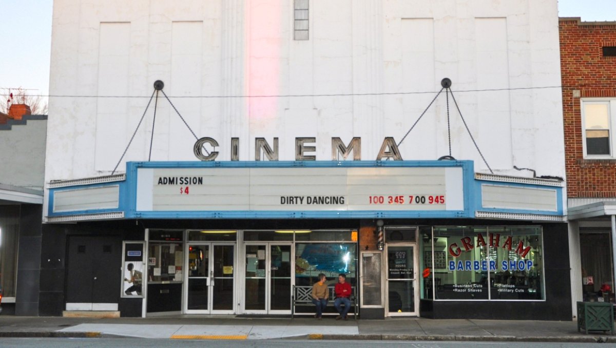 Exterior of cinema with white building and marquee displaying films
