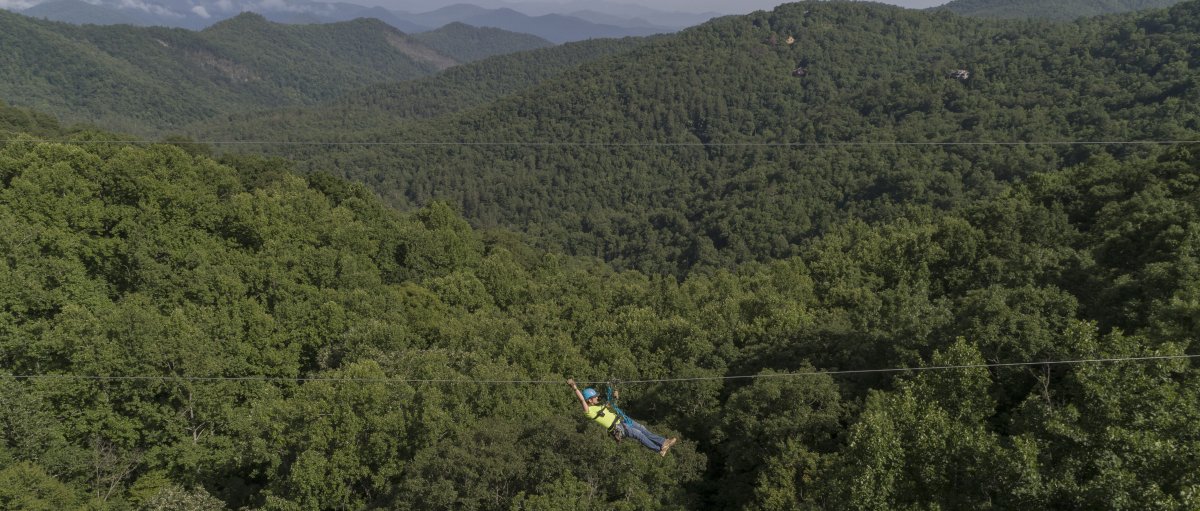 Person ziplining through green trees with mountains in background