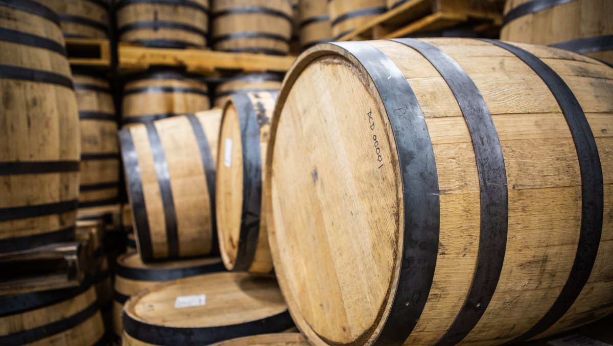 Closeup of pile of wine barrels