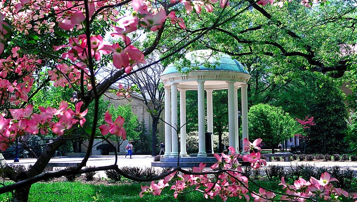 Old Well on UNC Chapel Hill's campus with pink dogwood blossoms in foreground