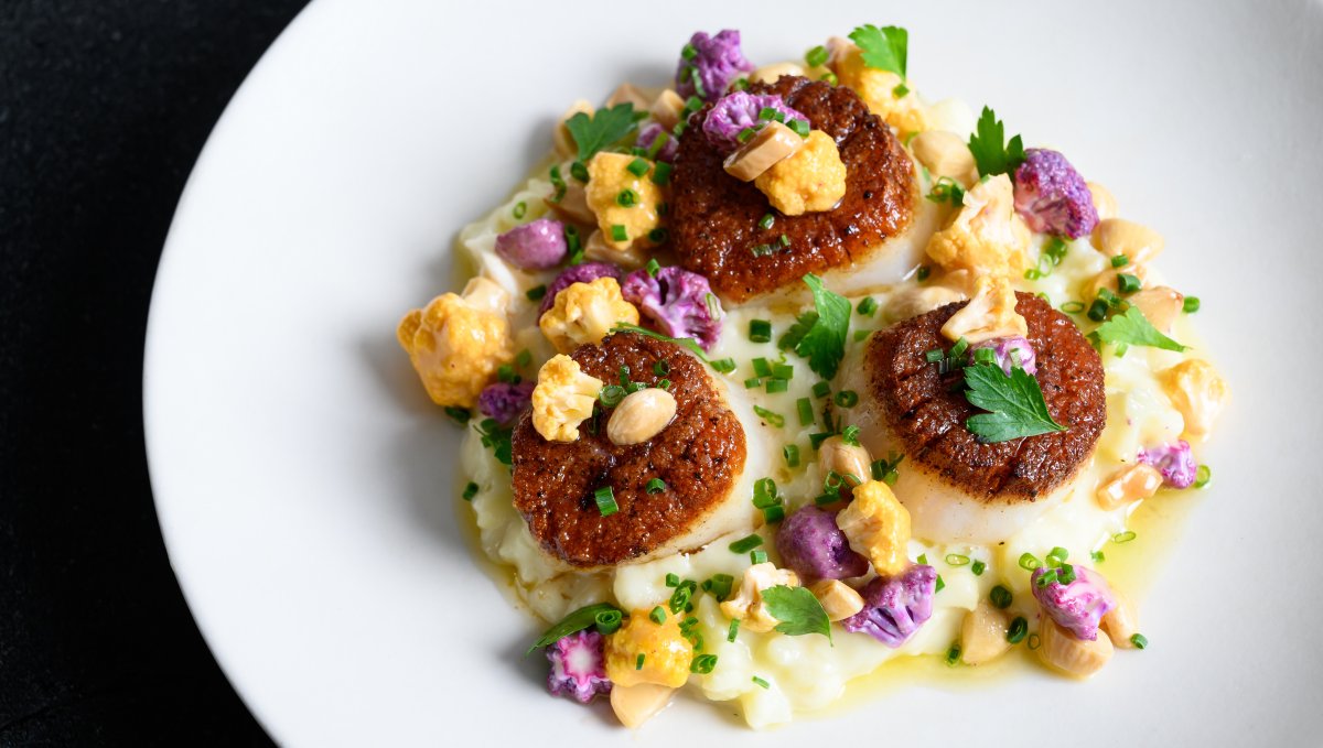 Closeup of plate of seared scallops and grits on table.