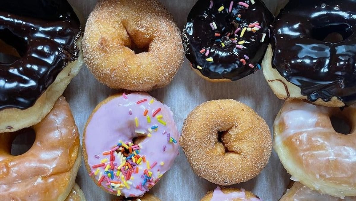 Closeup, overhead shot of three rows of various donuts 