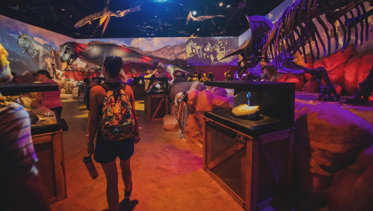 Wide angle of people looking at dinosaur exhibits inside with dinosaur replicas to the side and hanging from ceiling