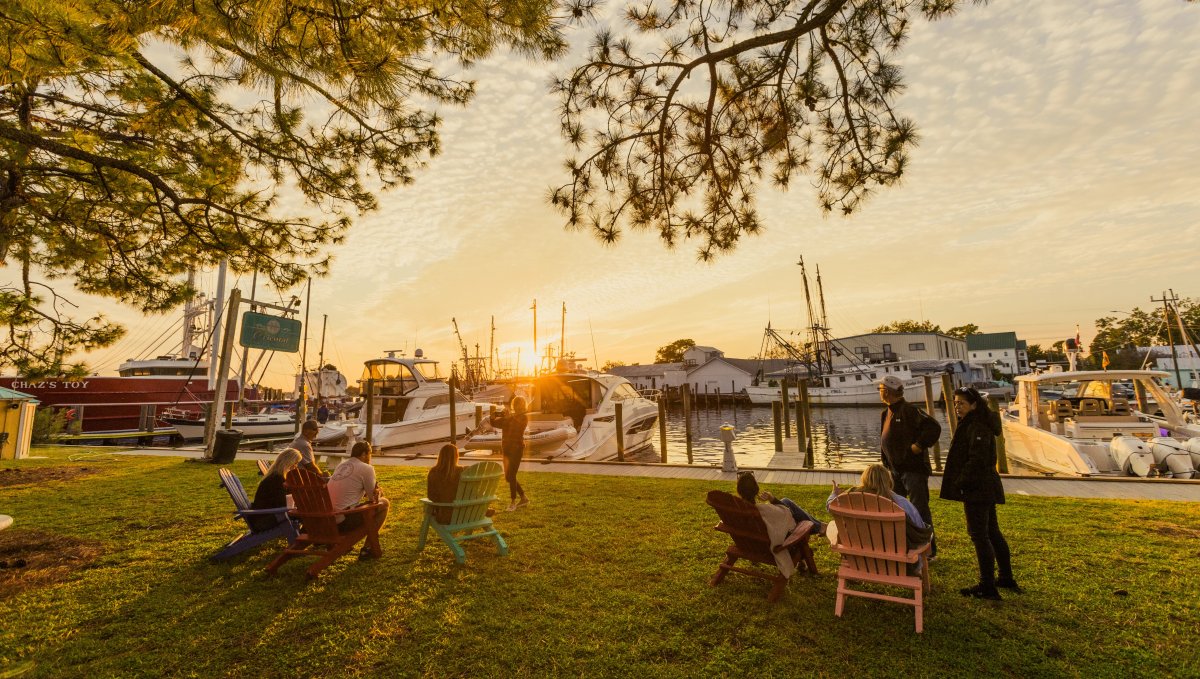 People sitting on adirondack chairs and standing at waterfront with boats docked and suns shining through boats