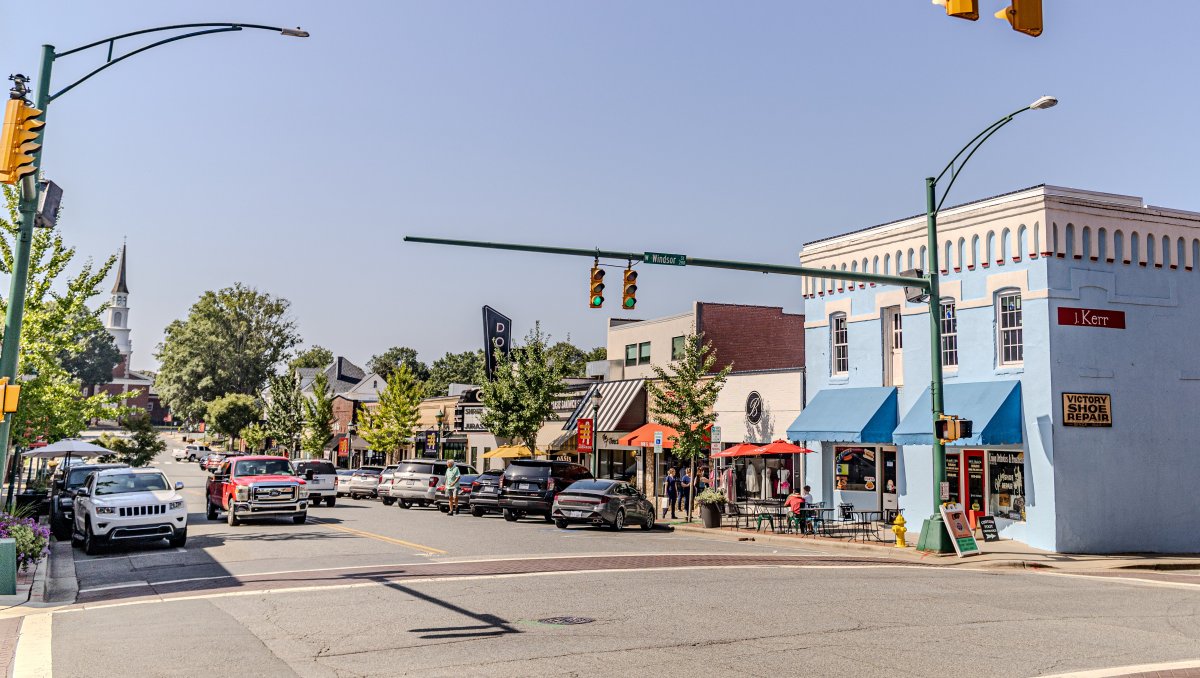 Quaint downtown Monroe showing street and shops.