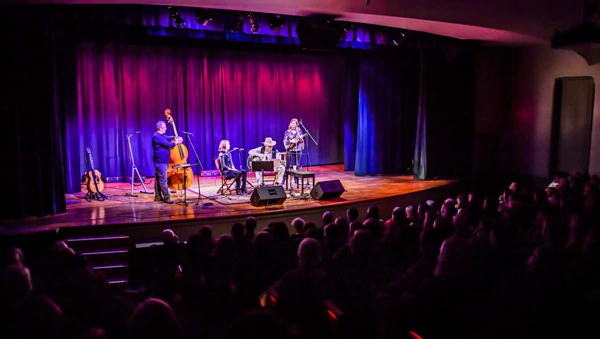 Audience enjoying string band on stage at Davis Theatre in Concord.