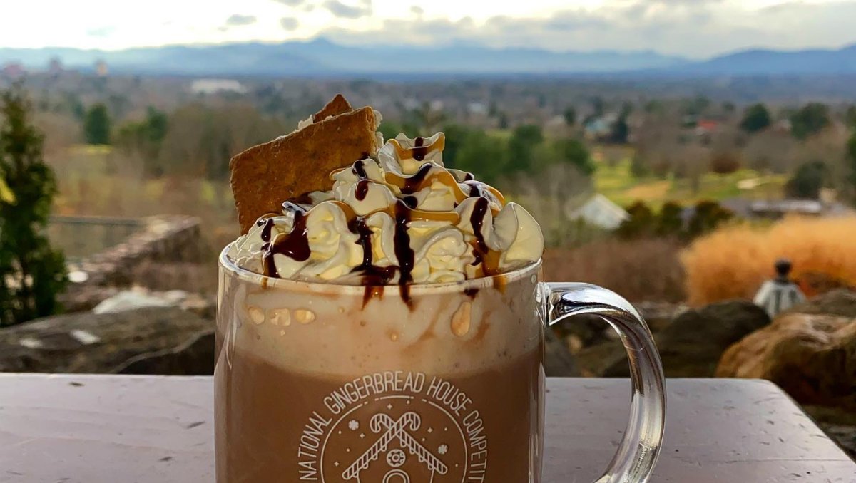 Hot chocolate with toppings in foreground with mountains in background