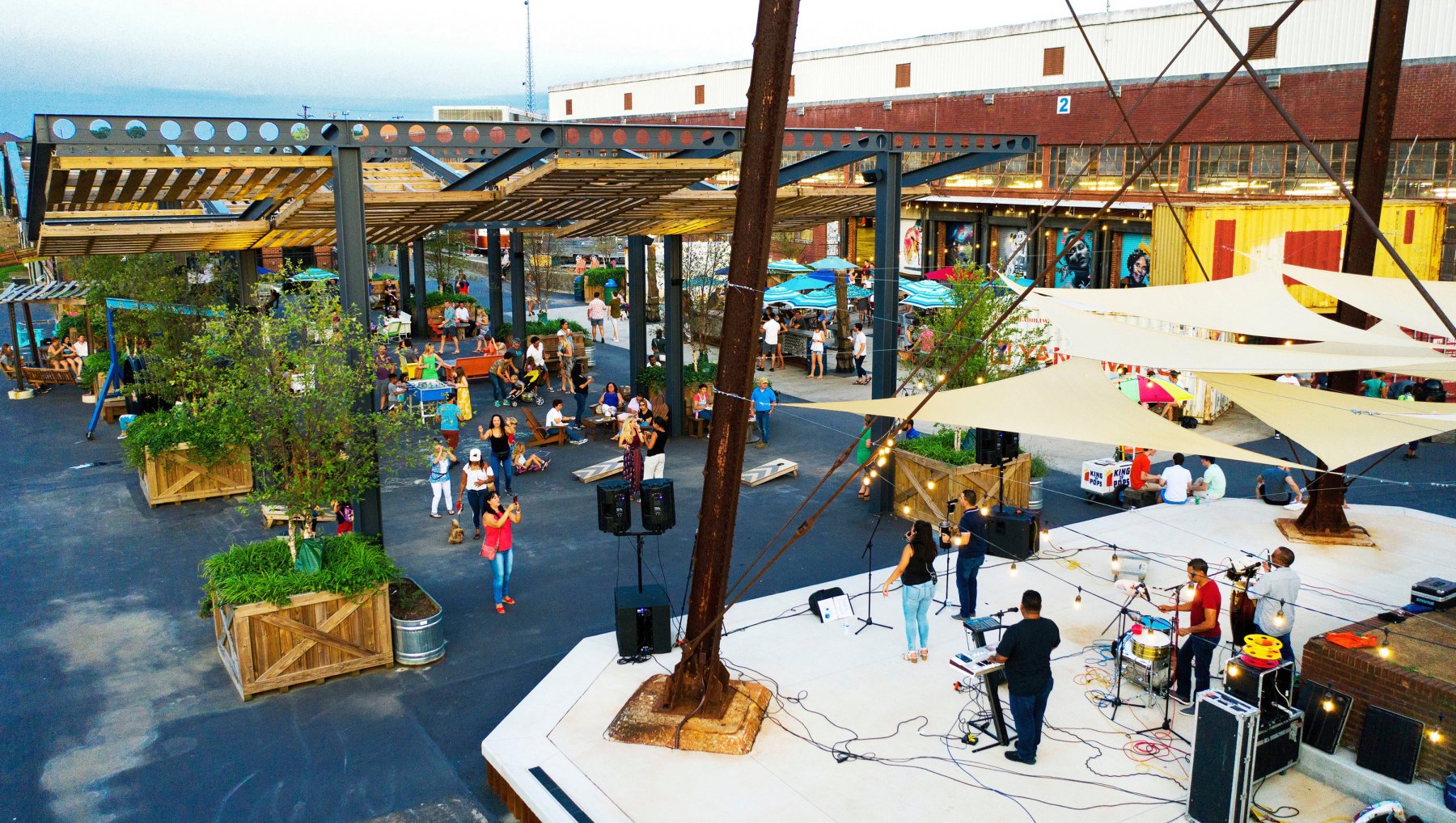 Aerial of people enjoying event outdoors at Camp North End in Charlotte.