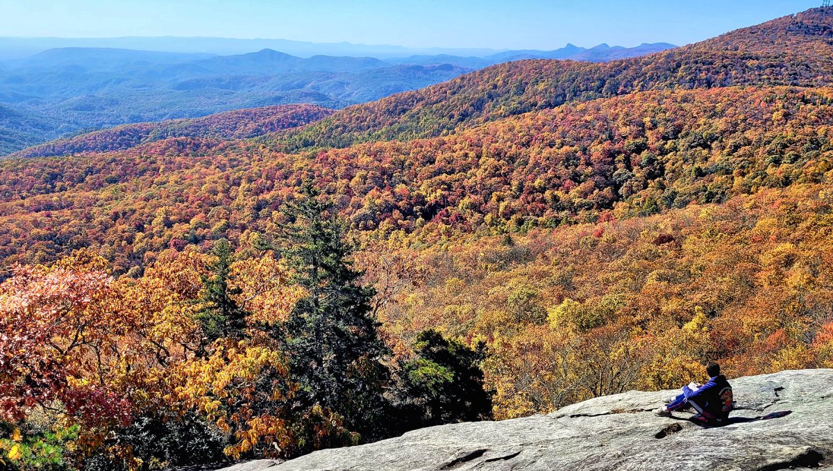 Person sitting on rock overlooking brilliant fall foliage on mountains