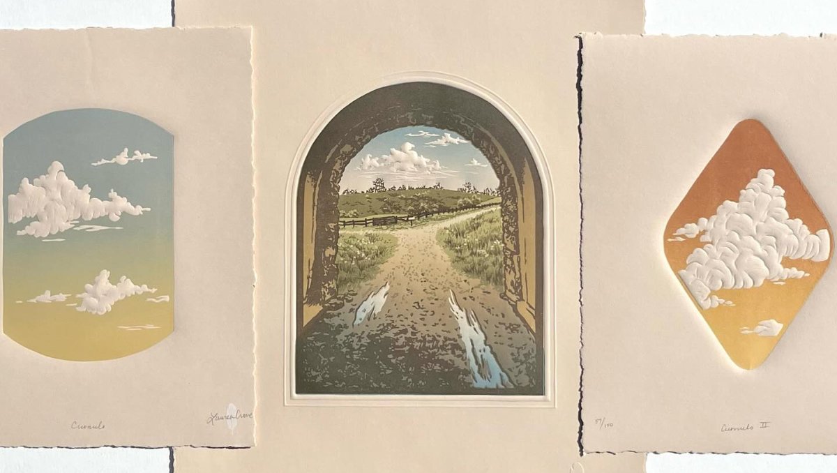 Three prints showcasing fluffy clouds above a winding road, capturing a serene and picturesque landscape.