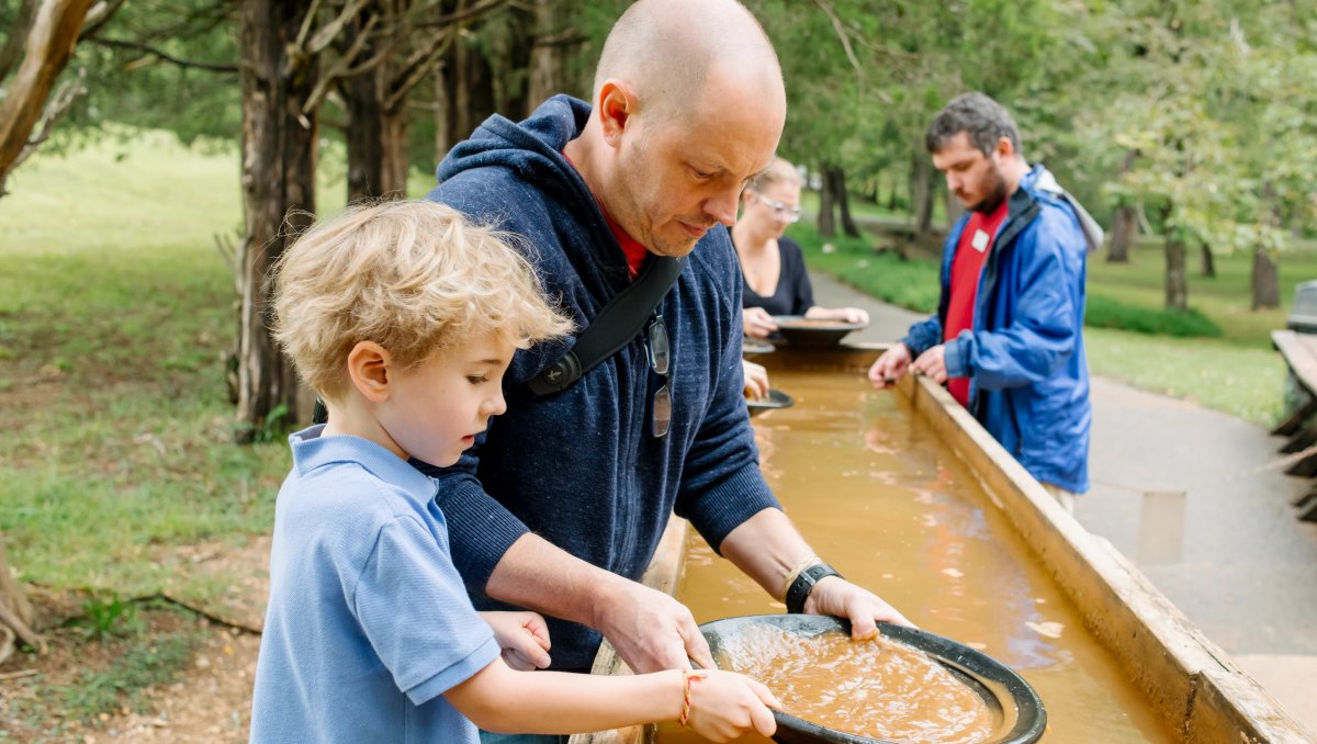 Father and son panning for gold at gold mine attraction with trees in background