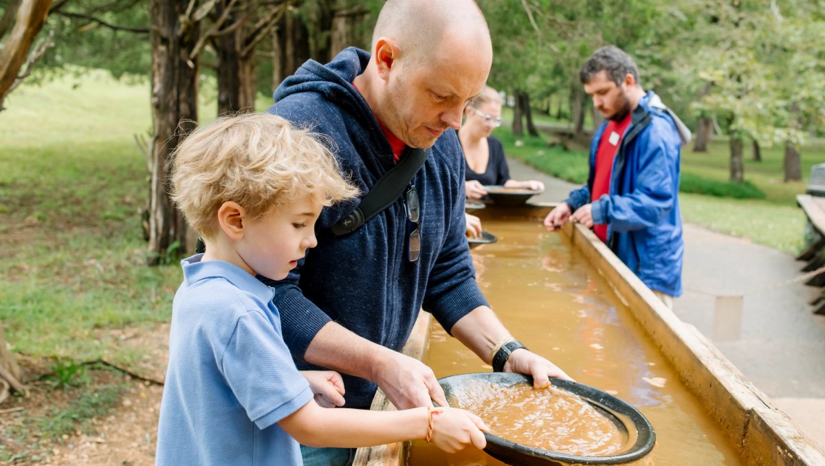 Father and son panning for gold at gold mine attraction with trees in background