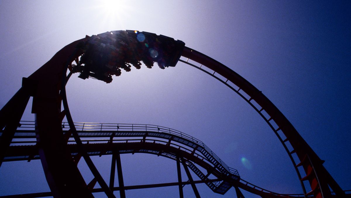 View from ground of roller coaster at Carowinds against purple sky