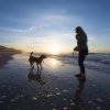 Woman holding dog on leash on empty beach with sun and ocean in background