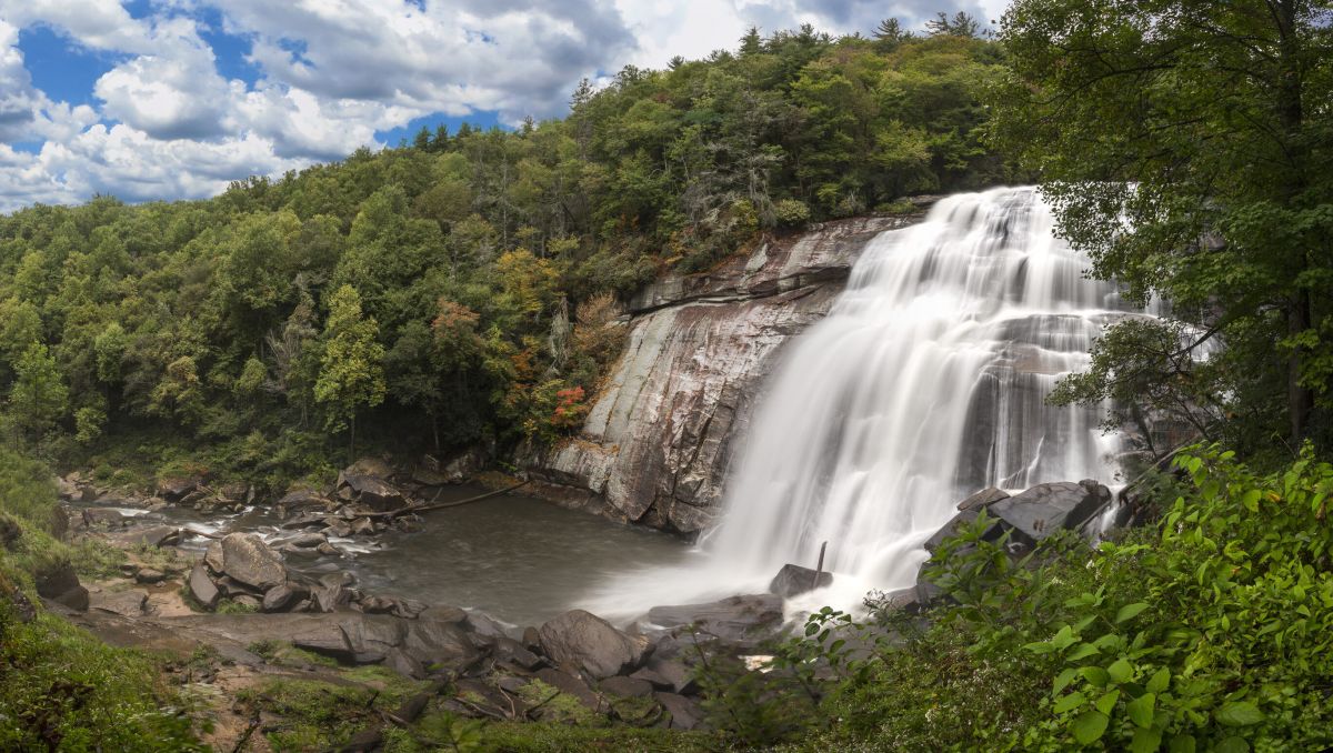 Waterfall cascading into large pool of water surrounded by green trees