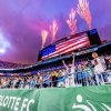 Fireworks going off above stadium with fans in foreground of Charlotte FC vs Chelsea FC