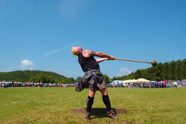 Athlete at Grandfather Mountain Highland Games competing in hammer throw.